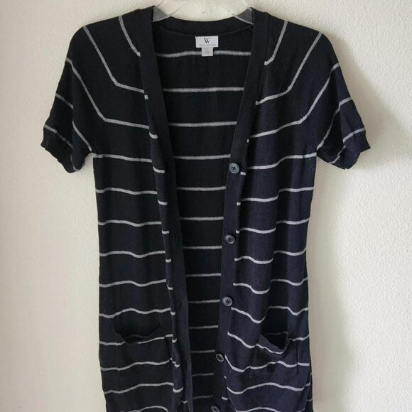 WORTHINGTON Vintage Short Sleeve Cardigan Striped Sweater Black & Grey Sz S - Picture 3 of 8